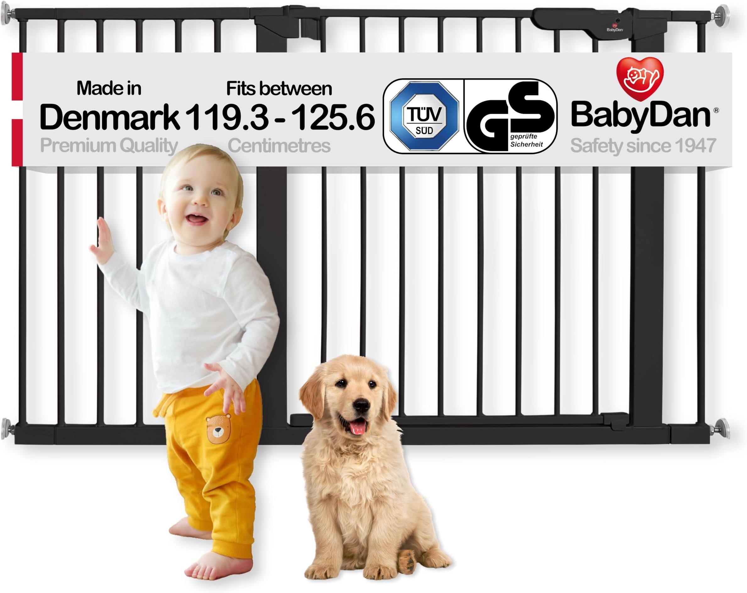 BabyDan Premier, Extra Wide Pressure Fit Stair Gate, 119.3-125.6 cm, Baby Gate/Safety Gate, Metal, Black, Made in Denmark - (Pet Gate/Dog gate)