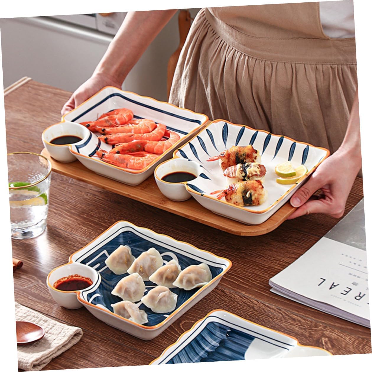 Alipis Creative Ceramic Sushi Plates Set of 4 Square Multi-grid Divided Trays for Dumplings and Appetizers, Japanese Style Porcelain Serving Dishes for Home Kitchen Dining Random Color