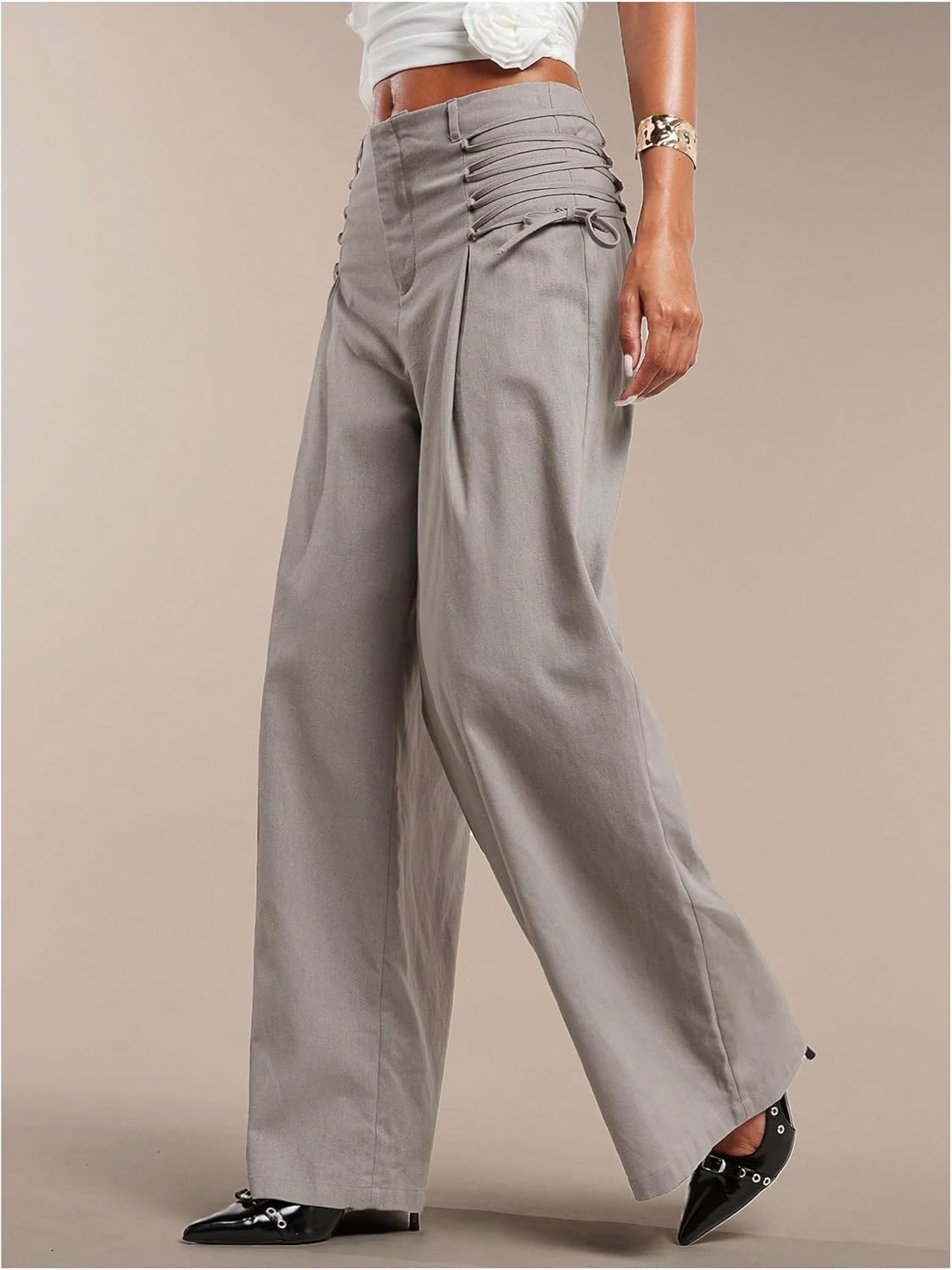 WDIRARA Women's Lace Up Wide Leg Pants Work Office Pants Dressy Trousers