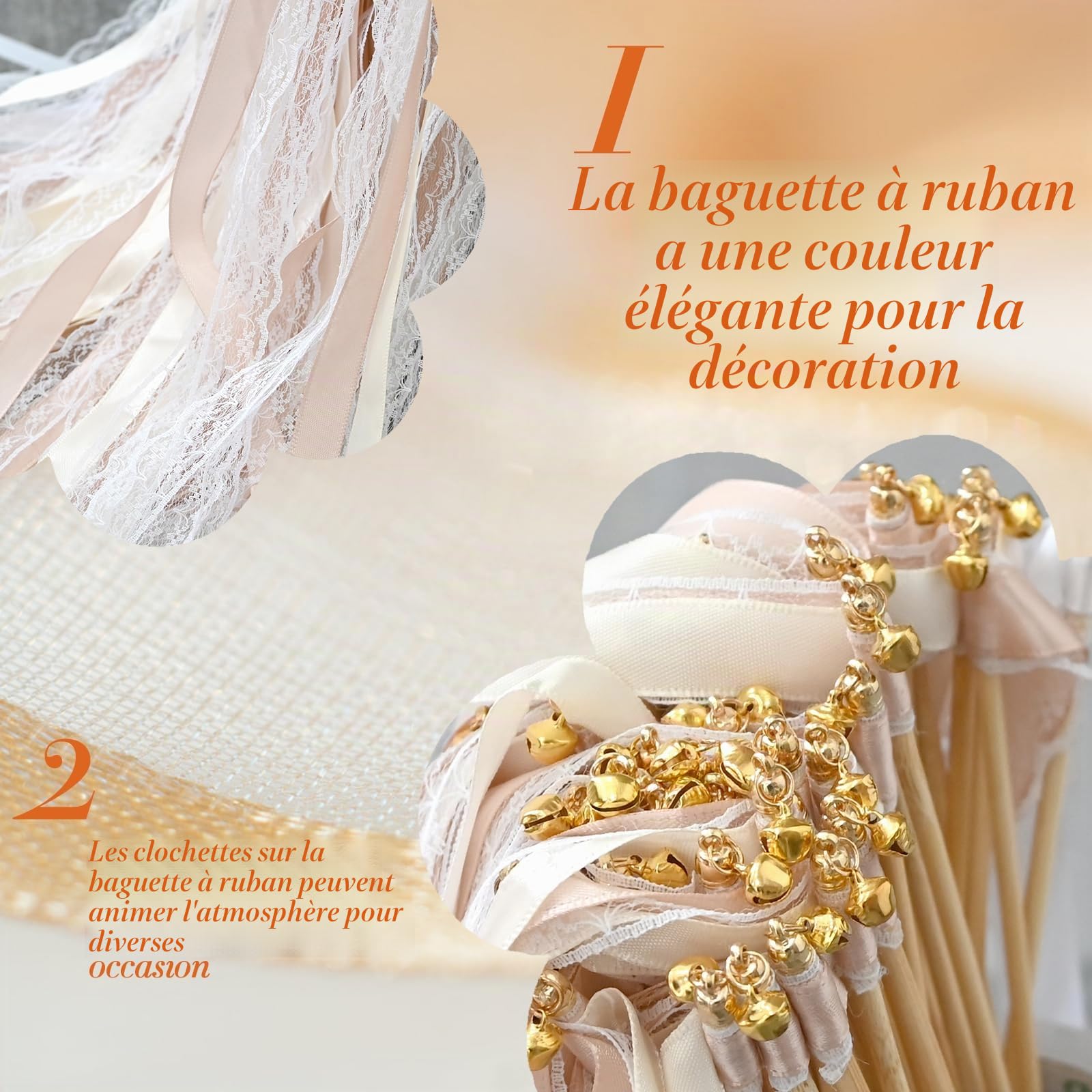Lot de 50 baguettes de mariage en champagne avec cloche, baguettes de mariage en dentelle romantique avec rubans de mariage, baguettes magiques pour mariage et serpentins, cadeaux pour