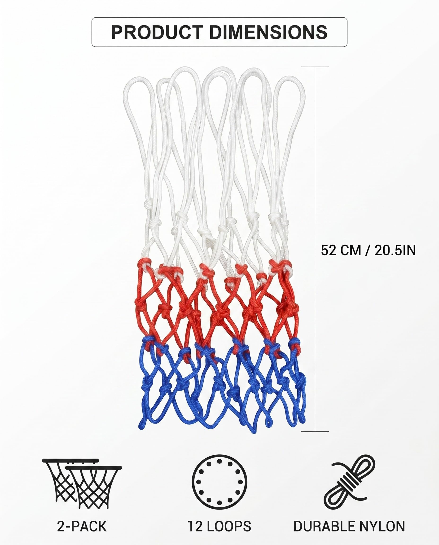 Rete Canestro Basket 2 Pezzi, Ricambio Robusto Nylon Rinforzato per Interno Esterno, Standard 12 Anelli, Resistente Intemperie