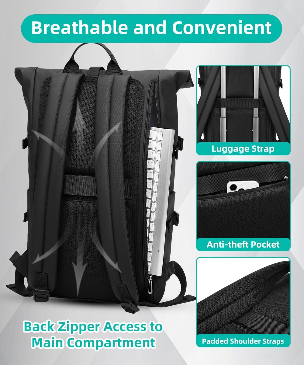 Rolltop Backpack Waterproof for Women & Men 33L Large Bike Backpack 15 inch Laptop Backpack Lightweight Perfect for Work School Travel and Outdoor Activities-Black