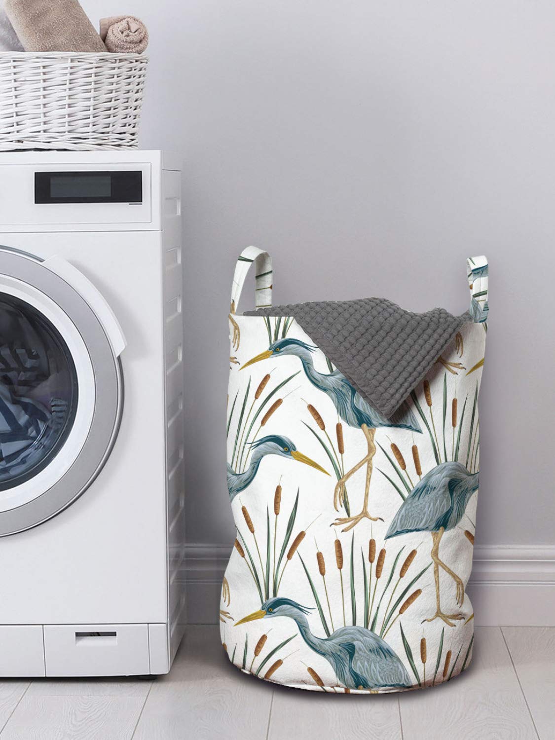 Lunarable Swamp Laundry Bag, Blue Grey Heron Birds and Bulrush Water Foliage Growth Wilderness Tropical Lands, Hamper Basket with Handles Drawstring Closure for Laundromats, 13