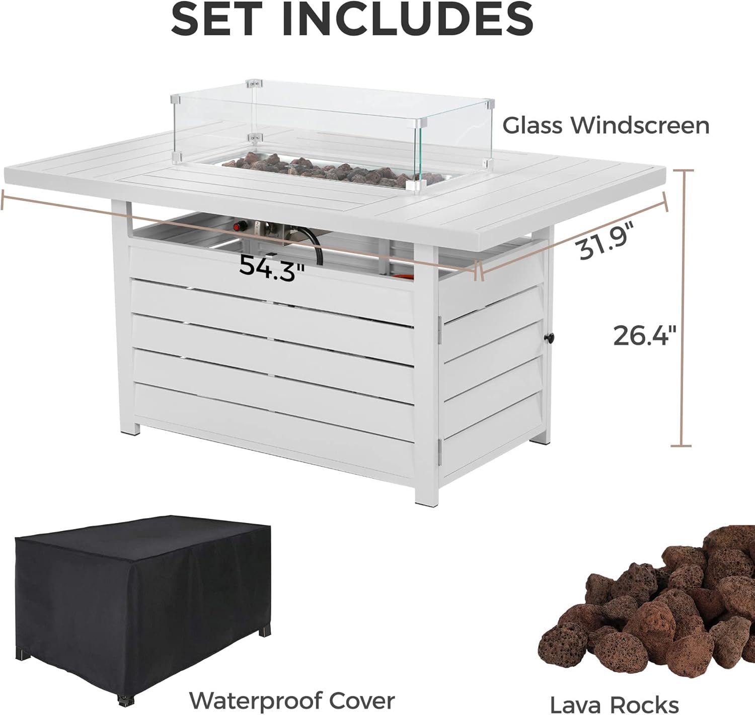 Wisteria Lane 54.3” Outdoor Patio Aluminum Fire Pit Table, 50000 BTU CSA Certified Propane Gas Fire Pit, Rectangular Fire Table w/Stainless Burner, Lava Rock, Waterproof Cover