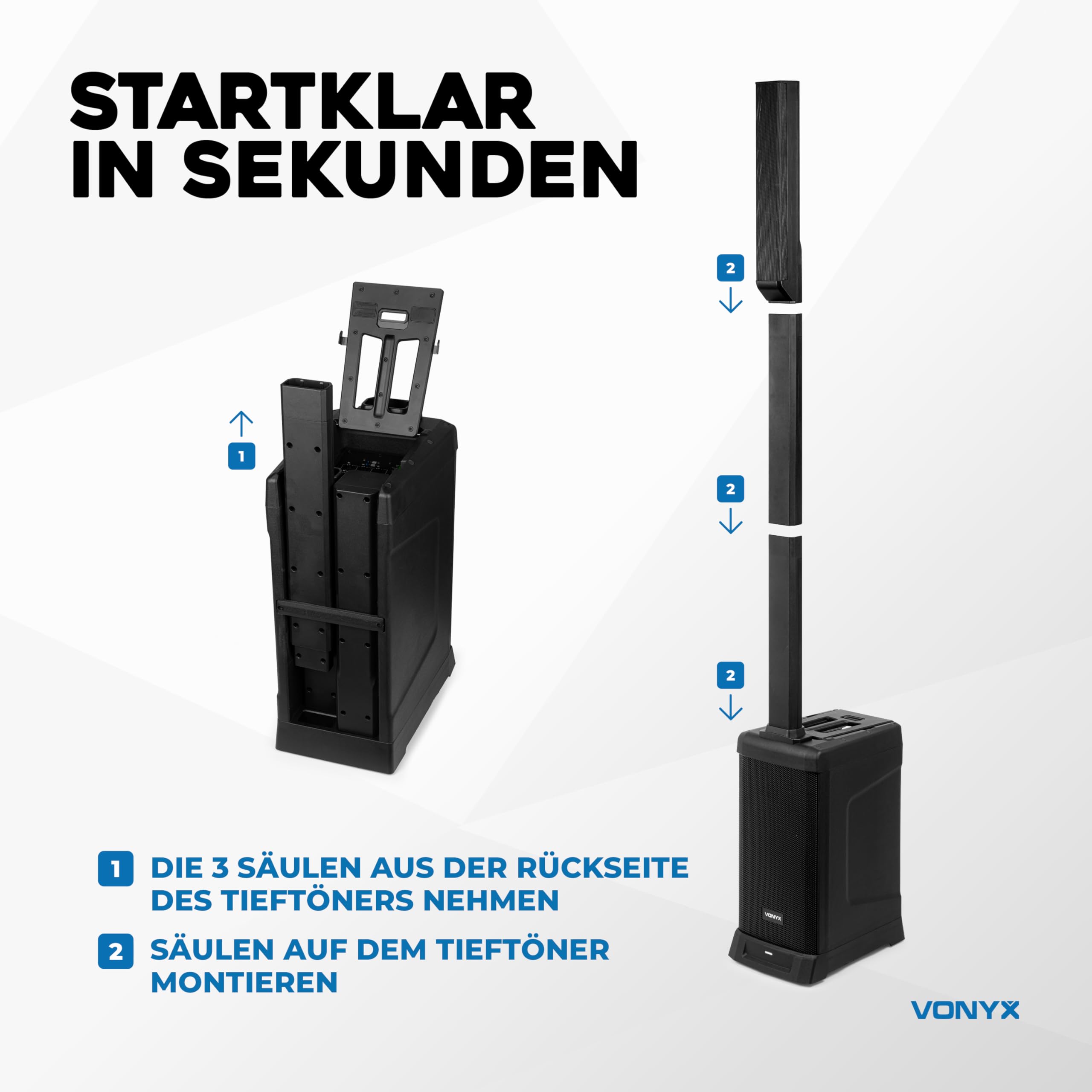 Vonyx VX820 Column Speaker System, PA Anlage Aktiv, 400W Line Array Säulenlautsprecher - 8 Zoll Subwoofer, Bluetooth 5.0, DSP, 4-Kanal-Mixer – DJ Anlage Komplett Set, PA Lautsprecher