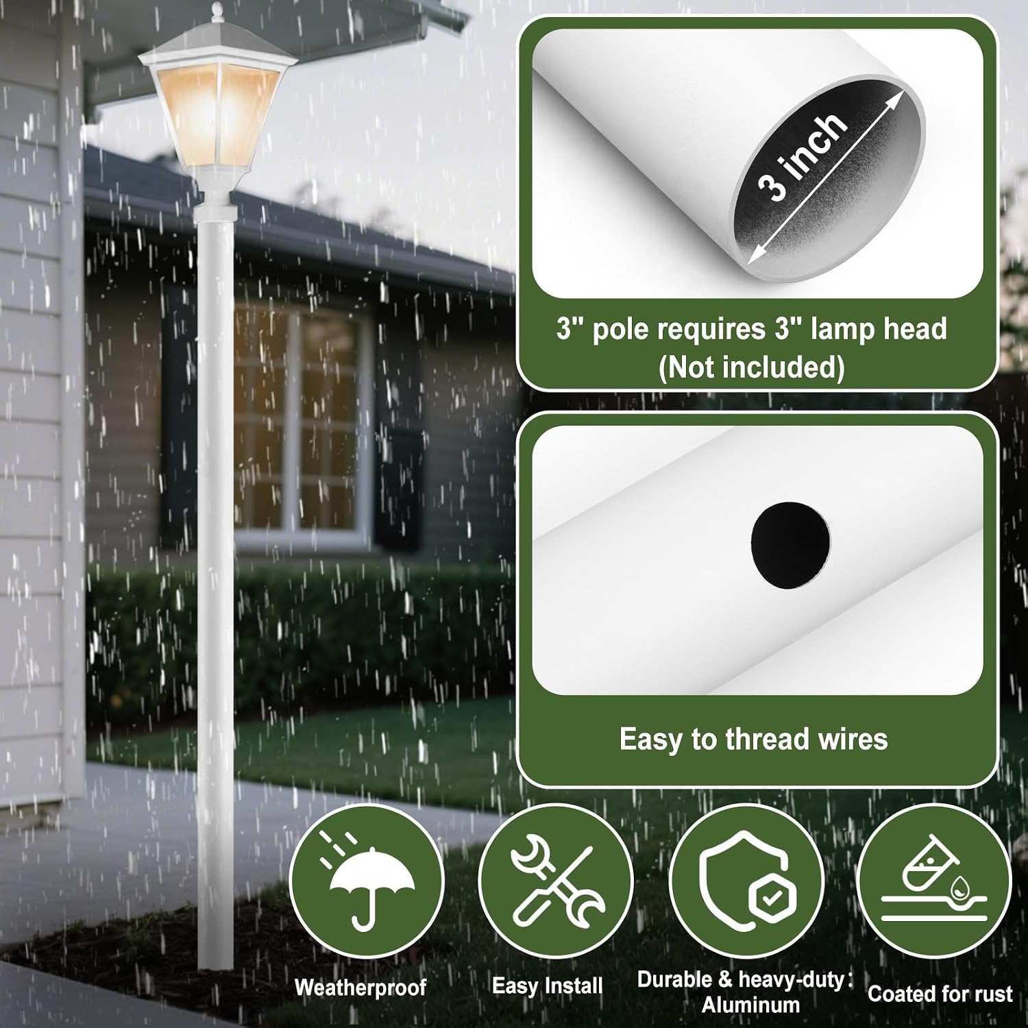 84" × 3" Aluminum Outdoor Light Post Direct Burial Lamp Post for Outdoor Pathways Residential Porch Patio Courtyard Garden Fits Most Standard Integrated Light Pole Top Fixtures(White)