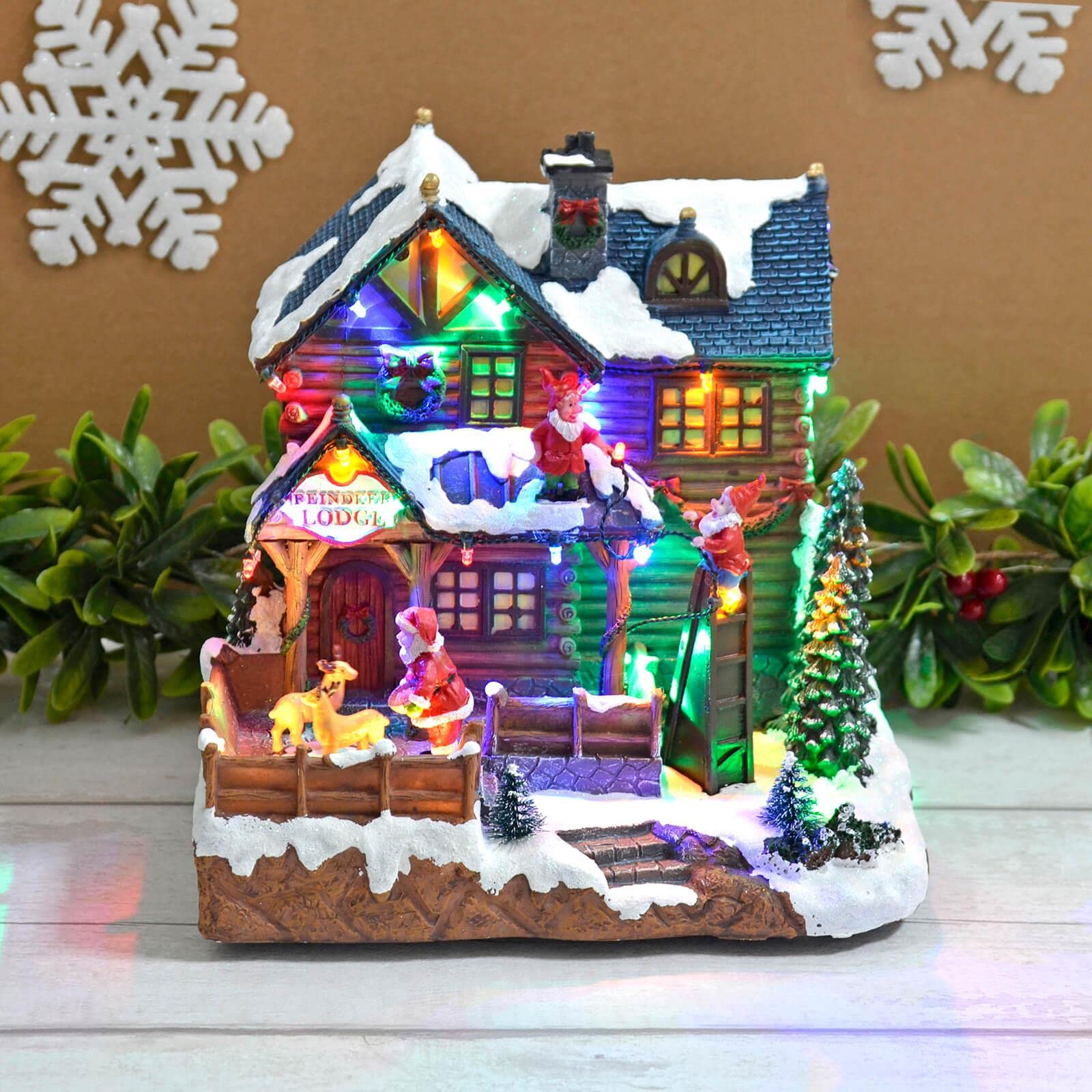 Mr Crimbo Light Christmas Up Snow Scene Reindeer Lodge Led Decoration Music Moving 24Cm