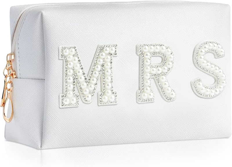 Necessaire de maquiagem Kovewon branca com estampa Pearl Rhinestone MRS e zíper