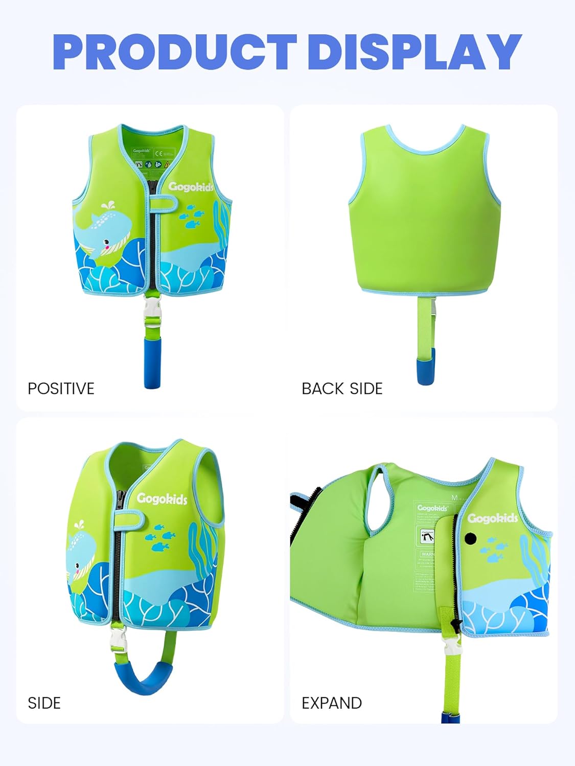 Gogokids Toddler Swim Vest Pool Floaties for Kids 1-2-3-5-7-9 Yrs, Neoprene Kids Swimming Jacket w/Adjustable Safety Strap & Zip, Toddler Float Jacket 24-66lbs for Beach Puddle Pool Boys Girls Niños
