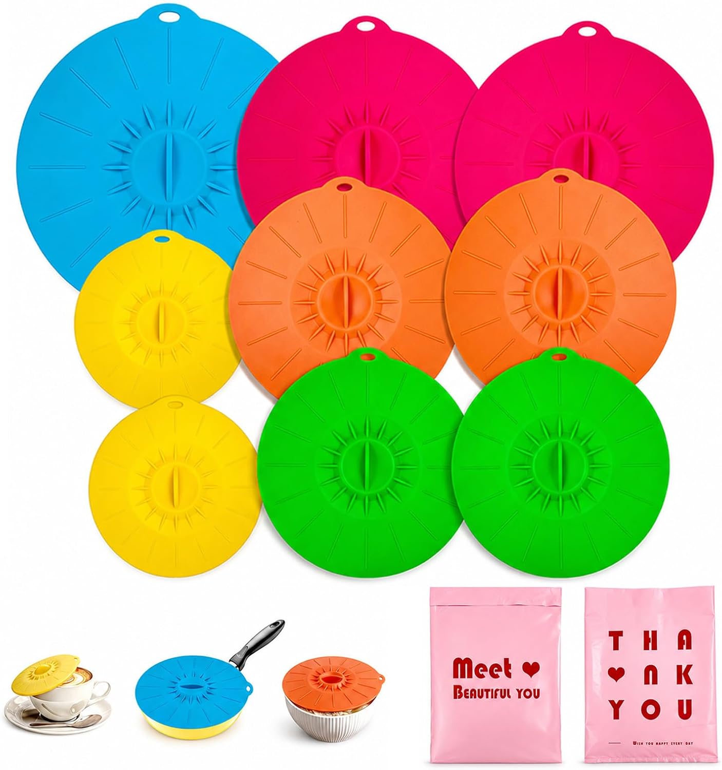 Silicone Lids 9 Pack Food Covers, Microwave Splatter Covers,Reusable Heat Resistant Lids for Pots Pans Plates Cups,Microwave Oven Stove Fridge Freezer Safe,Elegant Gift Packaging for Women