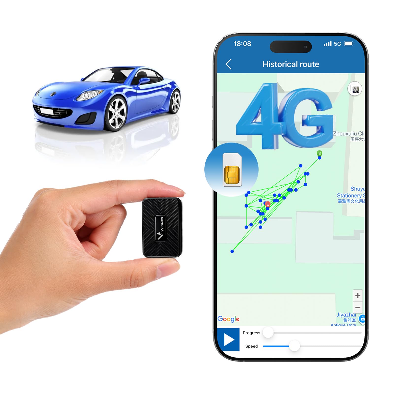 WINNES Mini traceur GPS de voiture 4G avec carte SIM, traceur GPS magnétique avec localisation en temps réel par application, jusqu'à 60 jours d'autonomie de la batterie, pour voiture, enfants et