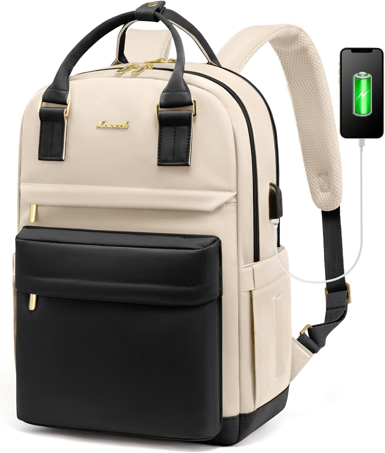 LOVEVOOK Backpack Womens, 15.6 Inch Laptop School Bags for Ladies Waterproof Computer Rucksack with USB Port for Travel Business College Work, Beige Black