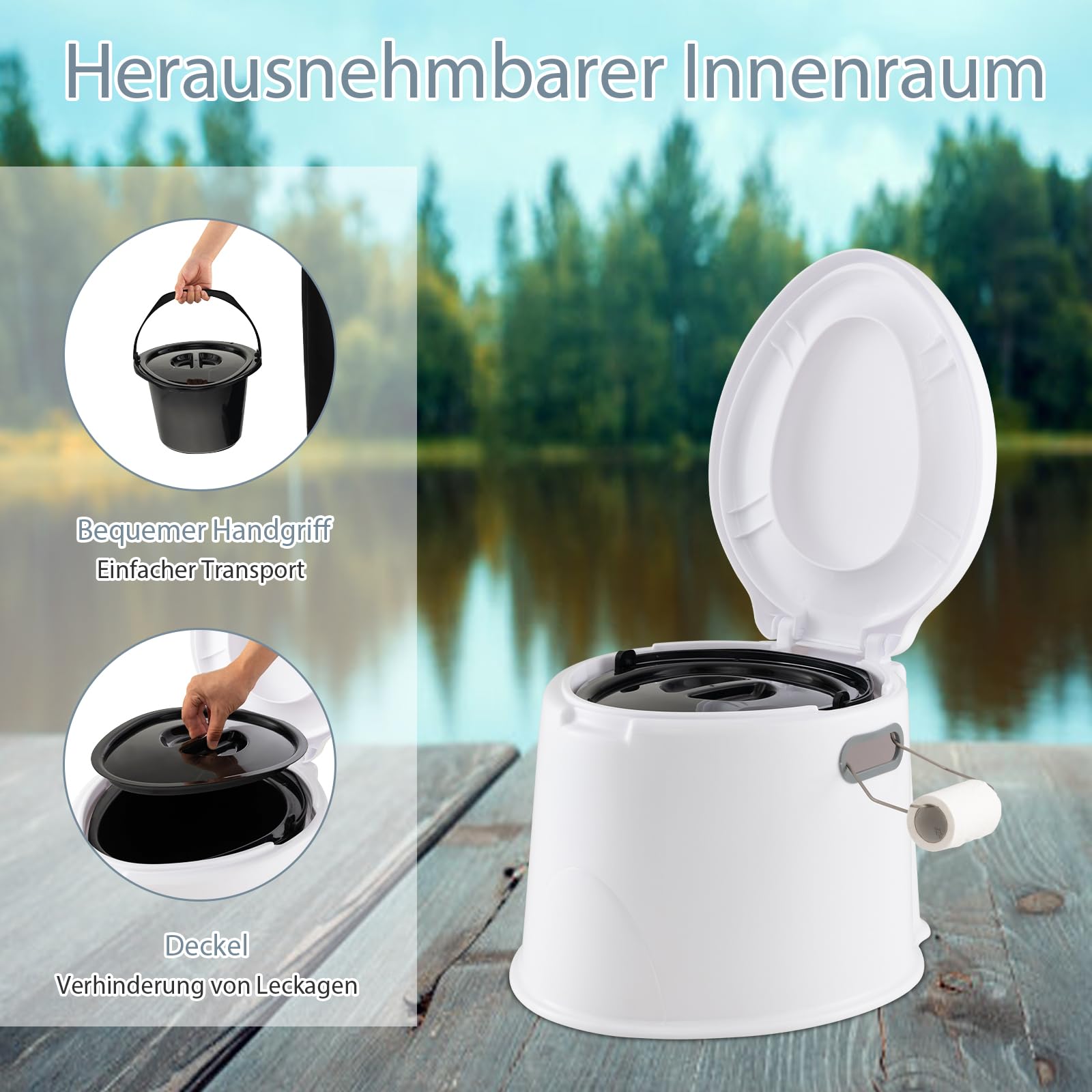 SOARS Campingtoilette, 5L Reisetoilette, Camping Toiletten mit abnehmbarem Inneneimer & Papierrollenhalter, Mobile Toilette mit Deckel, bis 200 kg belastbar, ideal für Camping, Reisen,Wandern