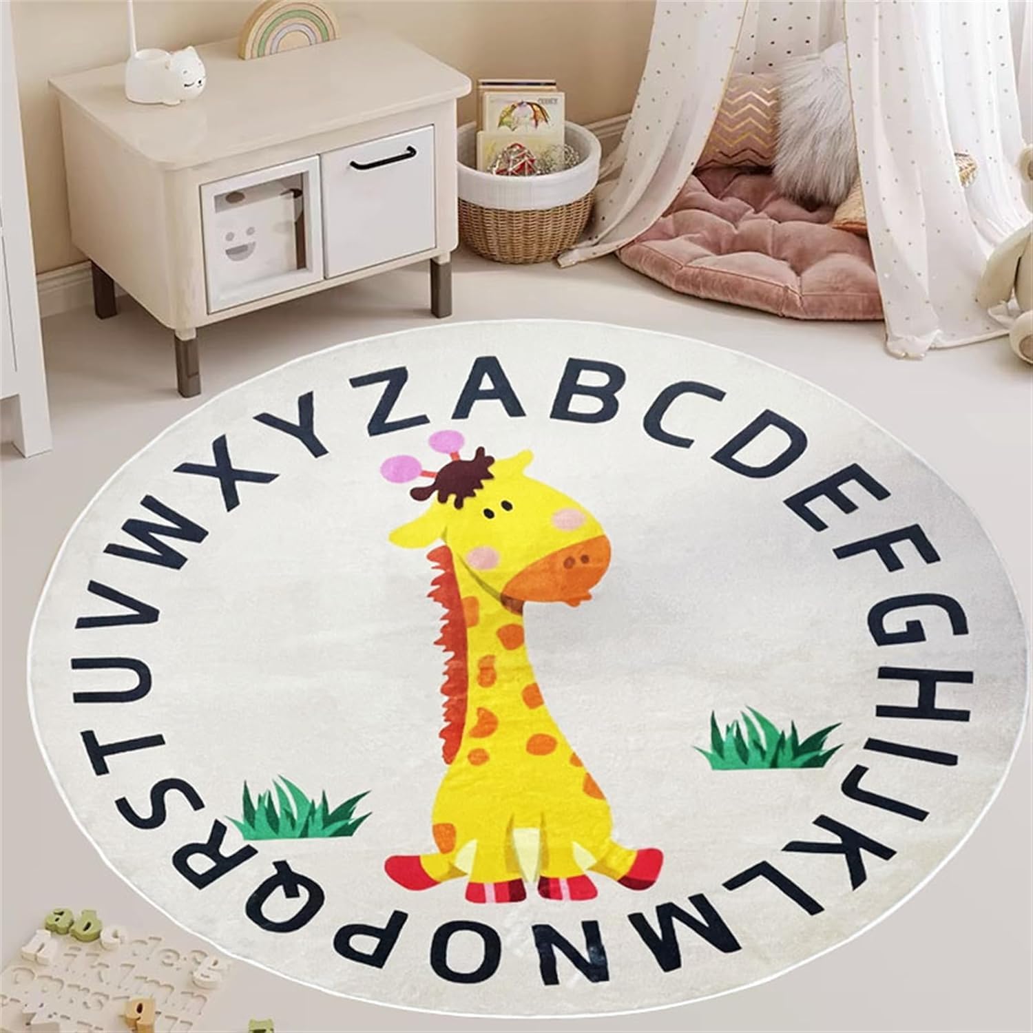 USHIRUG Animal Deer Round Rug, 150cm Cute Animal ABC Educational Learning Rug, Non-Slip and Comfortable Faux Wool Play Mat, Children's Circle Area Rugs for Classrooms Bedrooms and Nurseries