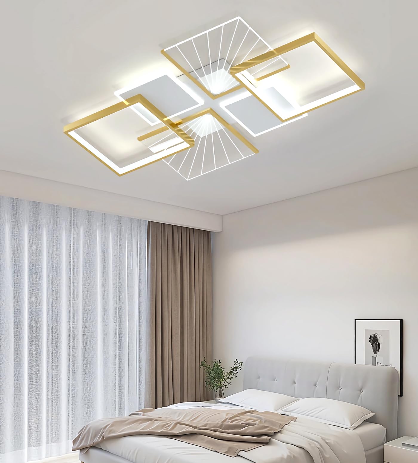 LED Rectangular Ceiling Lamp Dimmable Living Room Ceiling Light Modern LED Ceiling Light with Remote Control Metal Acrylic Fixtures for Living Room Bedroom Dining Room (Gold, 90cm)
