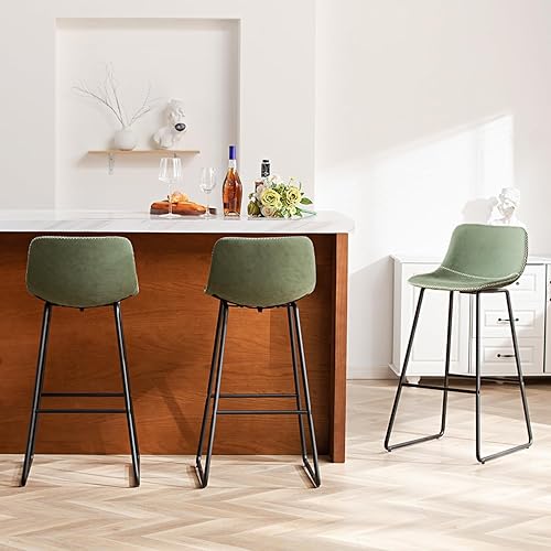 Miniatura 6 de HeuGah Juego de 3 taburetes de bar verdes de 30 pulgadas de altura de mostrador con patas de metal, taburetes de bar de piel sintética para isla de