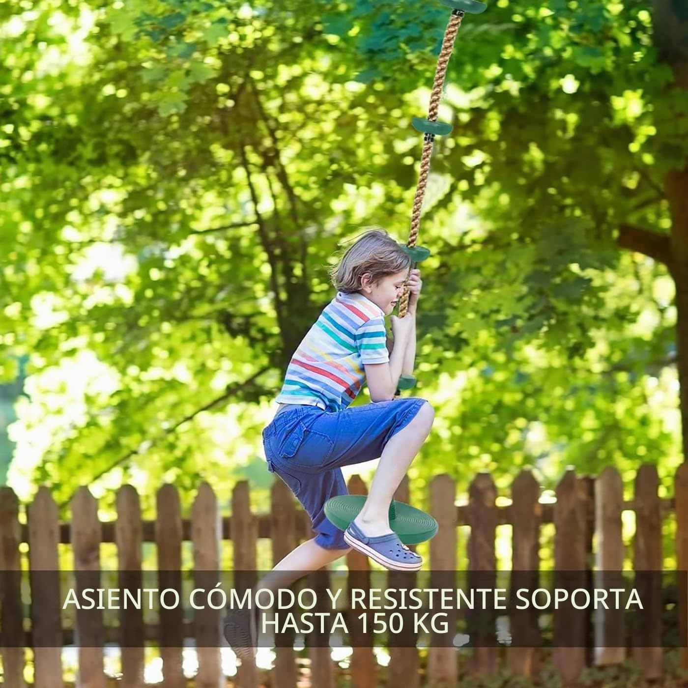 Columpio de cuerda de escalada, columpio infantil al aire libre con placa de asiento, longitud de cuerda ajustable, capacidad de carga hasta 200 kg, para jardín, parque, parque infantil (verde