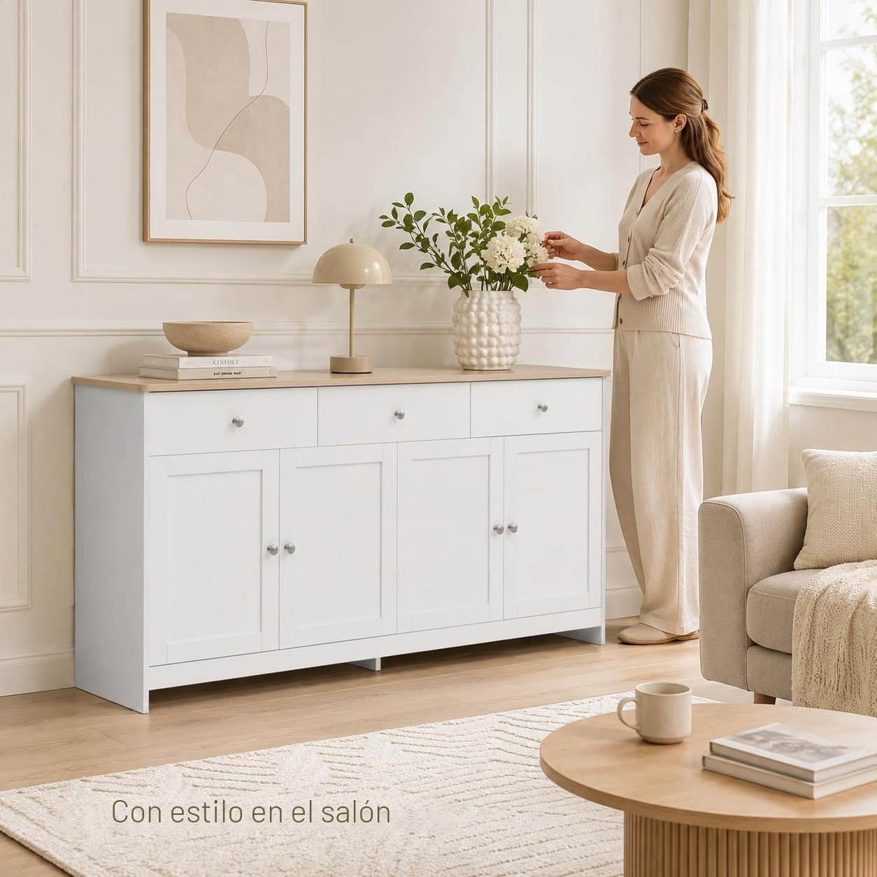 Aparadores para Salon, Aparador Blanco, Aparador Madera, Aparador Comedor, Alacena De Cocina, Armario Buffet con 3 Cajones Y 4 Puertas, Aparadores para Salón Entrada Comedor, 160 x 37 x 75 cm