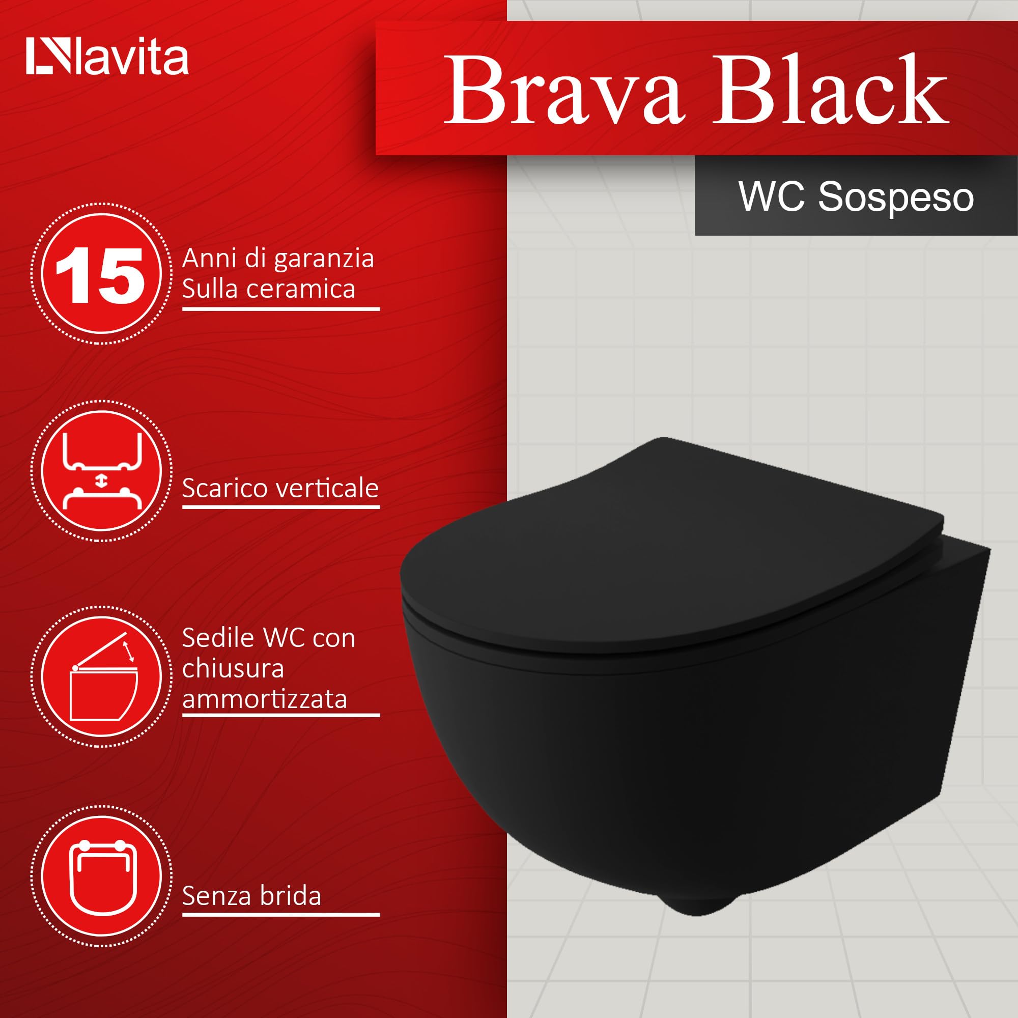 LAVITA WC sospeso Brava Black Sedile WC con chiusura ammortizzata e cerniere in metallo WC senza brida WC sospeso 360x480x375 mm Nero