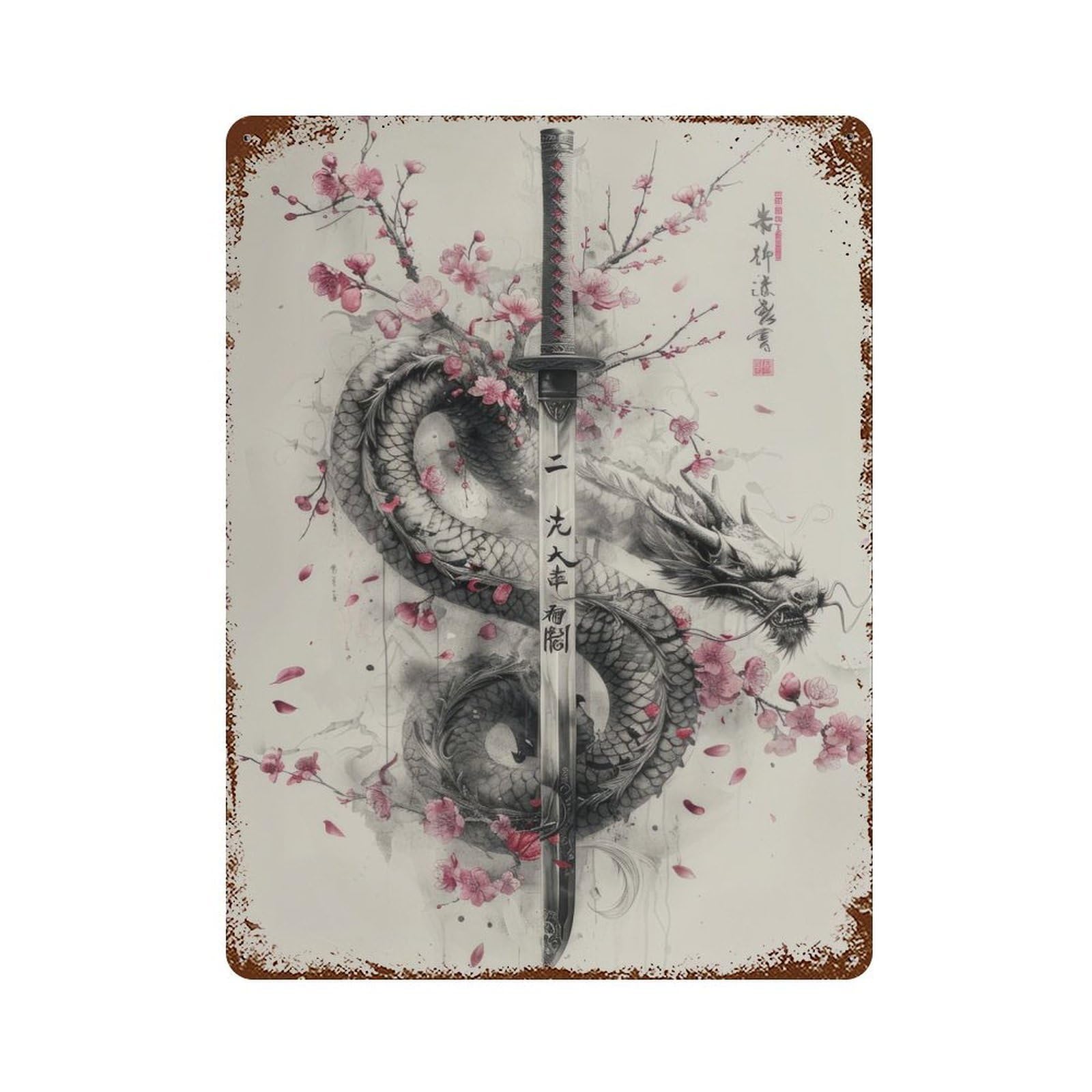 Katana Of The Dragon Rustic Tin Plaque 15.7"x11.8", for Shed, Workshop And Garage Wall Decor, Rustic Home Decor