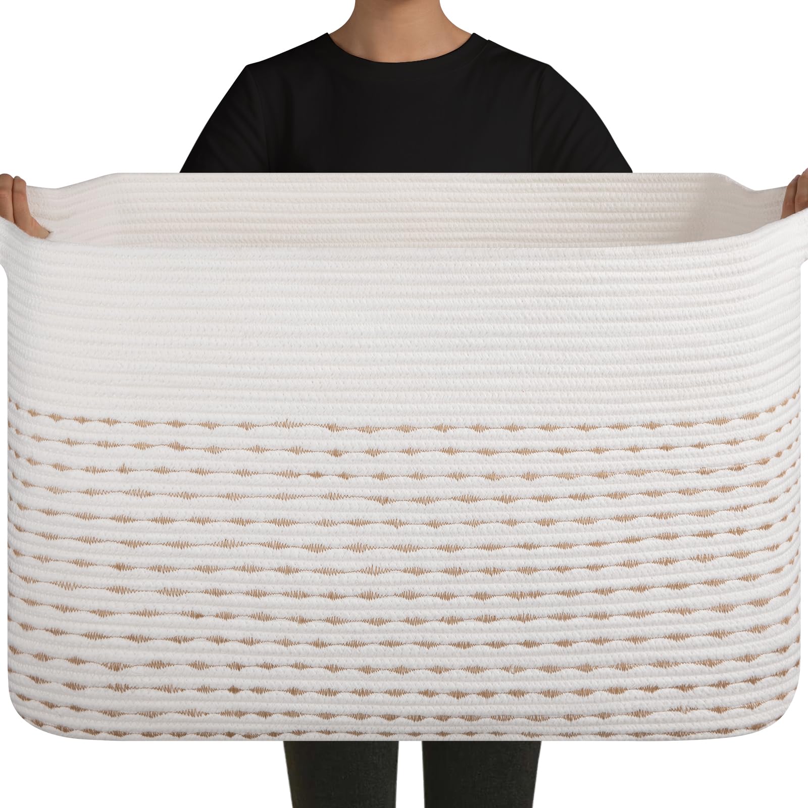 OIAHOMY 108L Extra Large Blanket Basket, 25”x16”x16” Rectangle Woven Cotton Rope Baskets for Living Room, Toy Storage with Handle- Light Yellow &amp; White