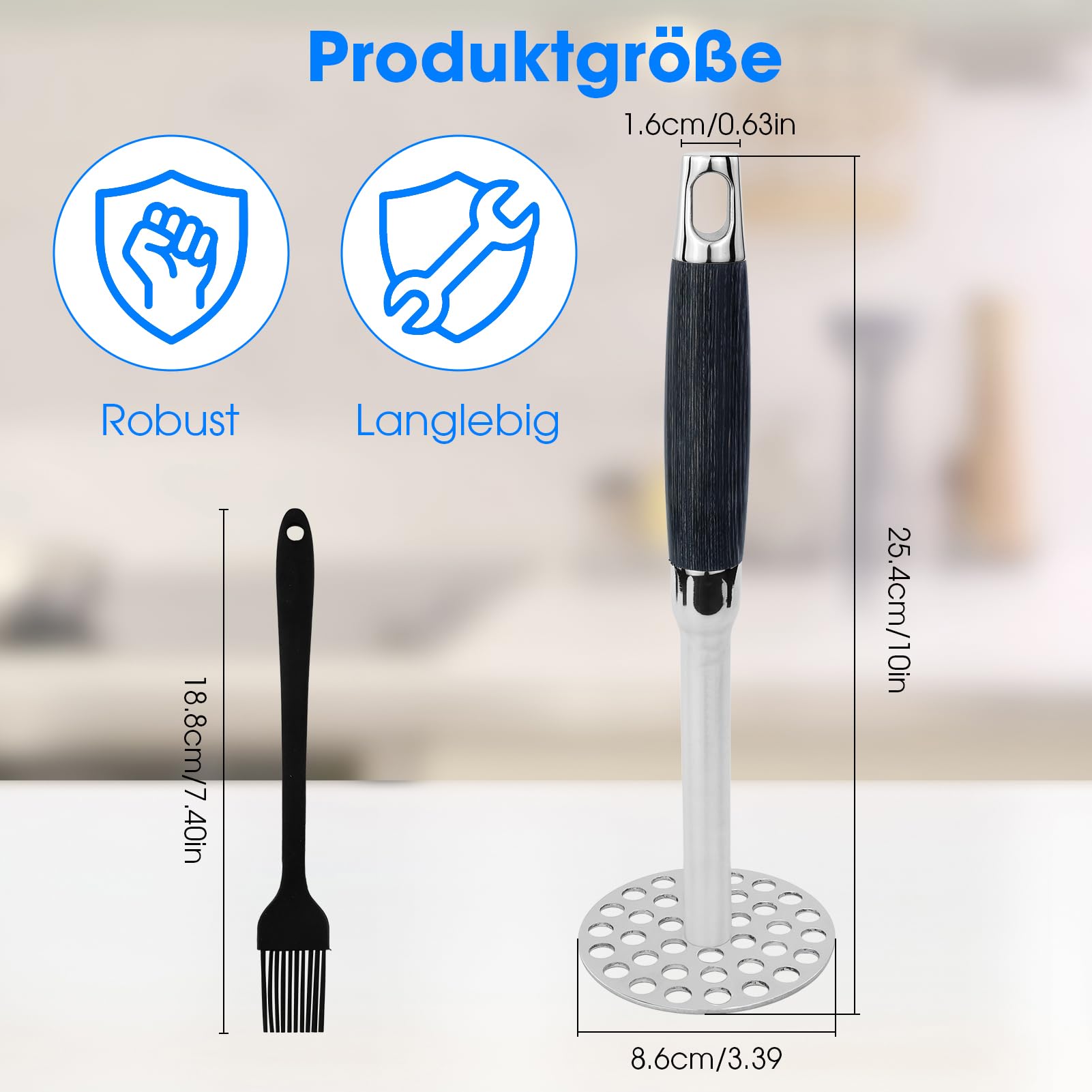 Presse-purée robuste en acier inoxydable 316 pour pommes de terre, avocat, tomates, haricots, fruits et légumes, avec 1 pinceau à huile noir de 19 cm