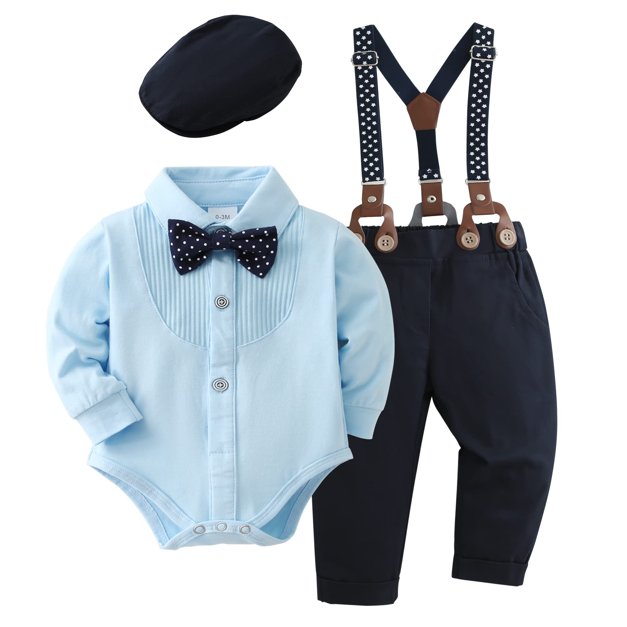 Baby Boy Clothes Gentleman Outfit Suits,Infant Tuxedo Long Sleeve Shirts + Suspender Pants + Beret Hat + Bowtie(Blue,0-3M)