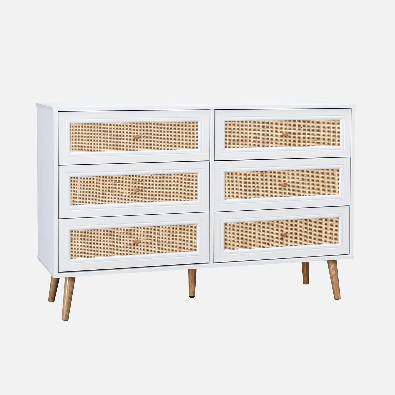 sweeek - Commode décor Bois et cannage 6 tiroirs Bohème. Blanc - 120x39x79cm