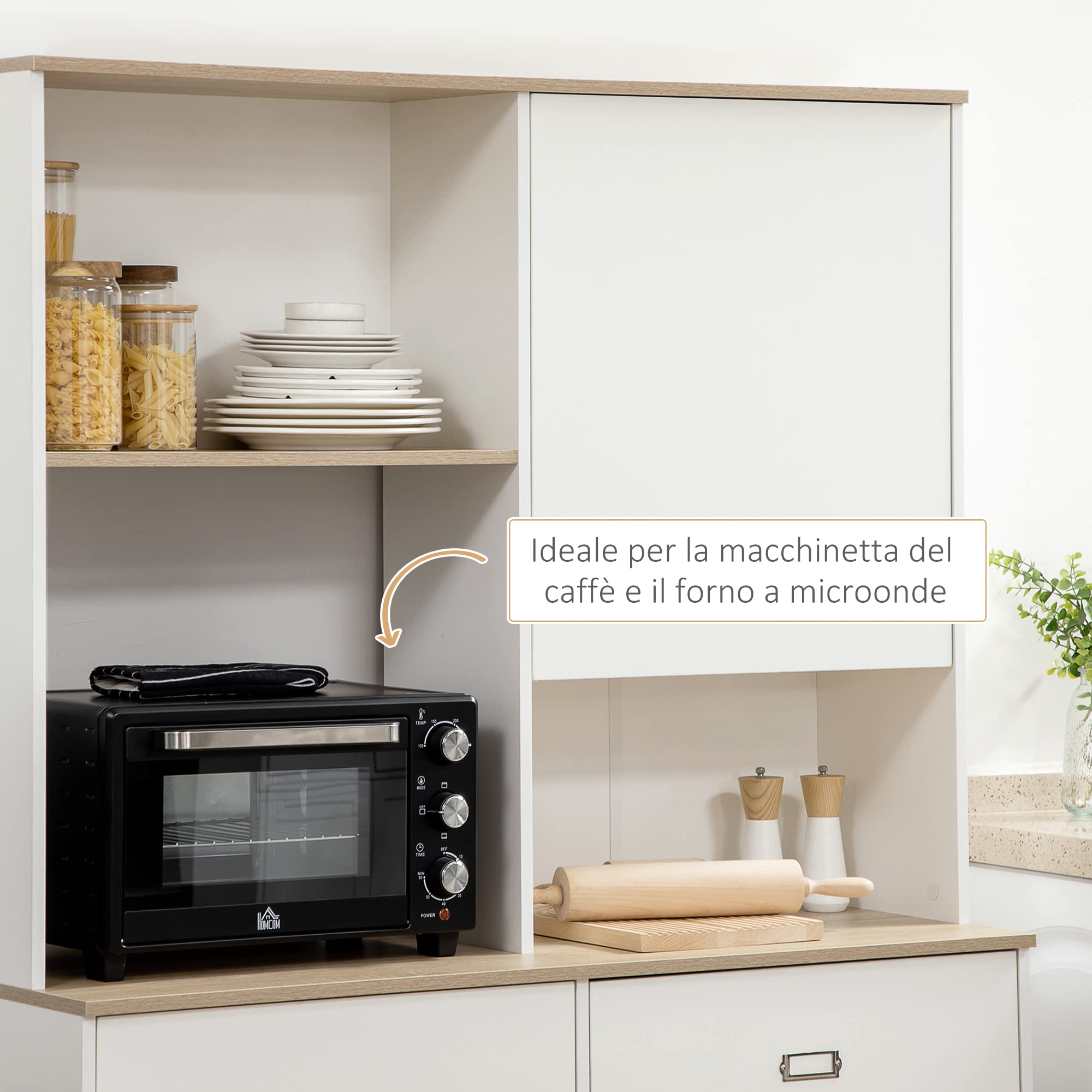 HOMCOM Dispensa Cucina in Truciolato e MDF con Ripiani Aperti, Armadietti e Cassetto per Utensili ed Elettrodomestici, 119x41x180 cm, Bianco