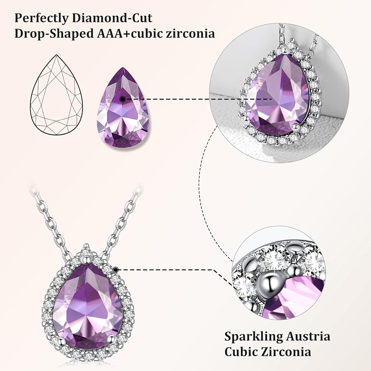 Bestyle Sparkling 925 Sterling Silver Birthstone Necklaces for Women, Created Heart/Round/Teardrop/Square Crystal Solitaire Pendant Diamond Necklace, Great Birthday/Anniversary/Wedding Gifts - Image 3