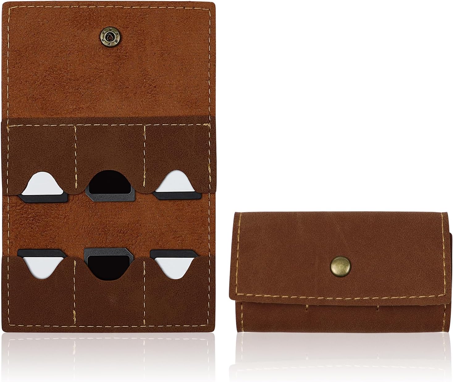 Memory Card Holder, Foldable Gaming SD Card Holder with Metal Snap Button and 6 Card Slots, Portable Retro Leather Guitar Pick Case for Travel or Daily Storage (Brown)
