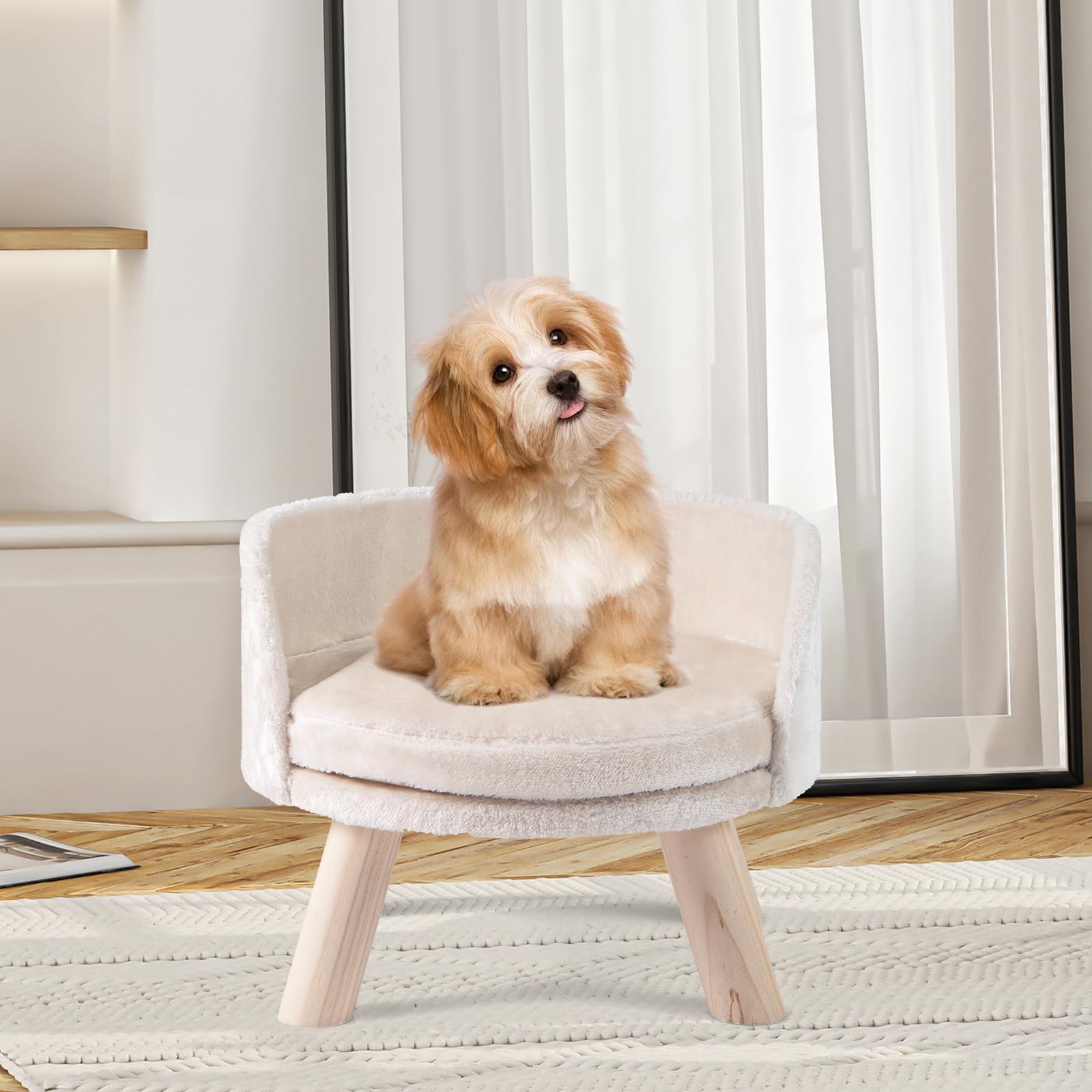 COSTWAY Canapé Lit pour Chien Chat Charge 30 kg, 4 Pieds en Bois de Pin, Coussin Amovible, Panier pour Chien Chat Petits, Dossier Haut, Installation Facile, 42 x 42 x 33 cm, Beige