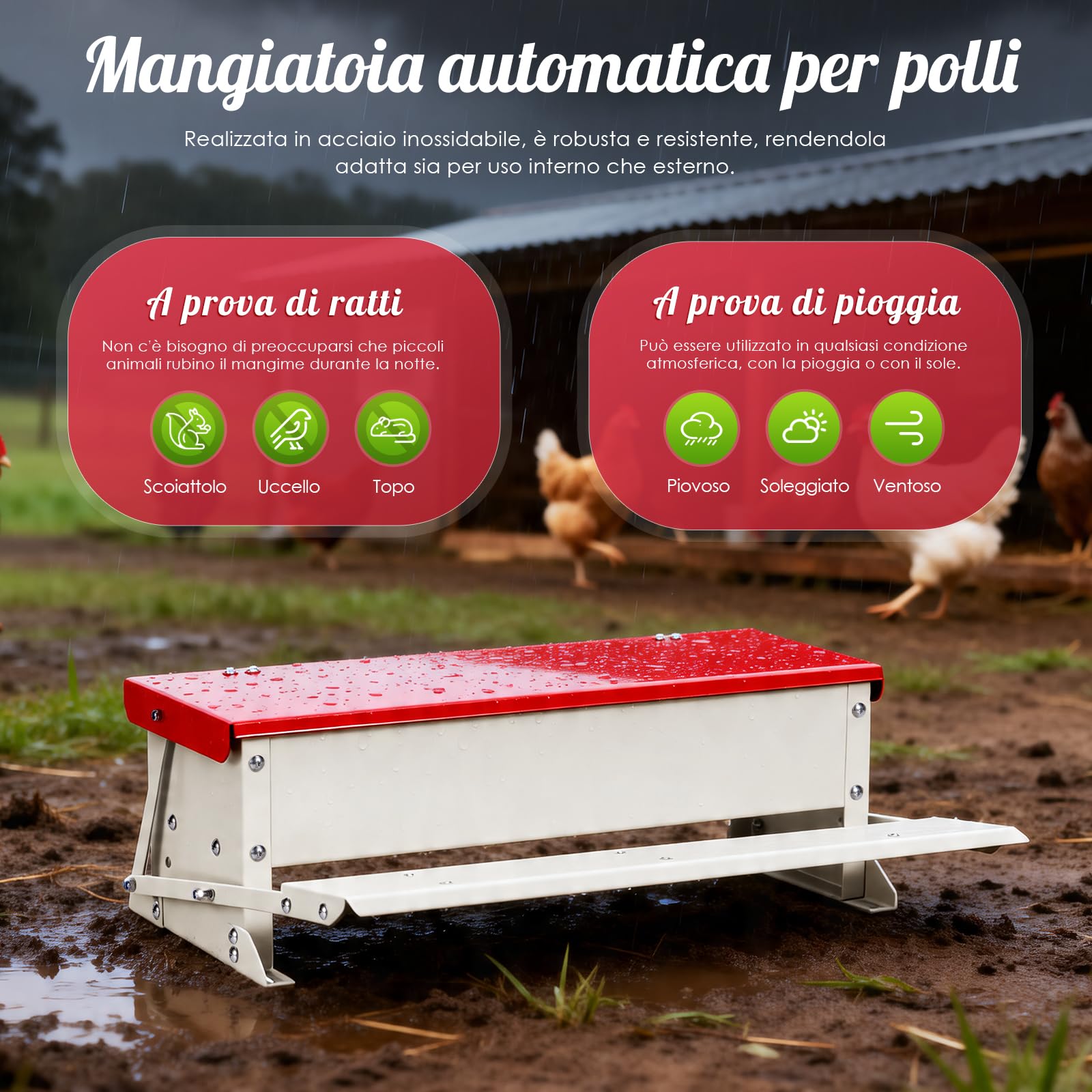 Mangiatoia per polli (volume 5 kg), acciaio zincato, meccanismo a pedana con pedana, coperchio impermeabile, mangiatoia a prova di ratti per pollame come polli, anatre, oche