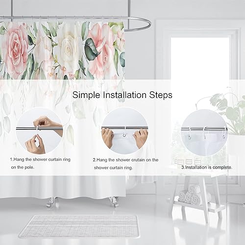 Miniatura 6 de Cortina de ducha floral, juego de cortinas de ducha con flores de acuarela y flores silvestres rosas para baño, tela impermeable con 12 ganchos, 72