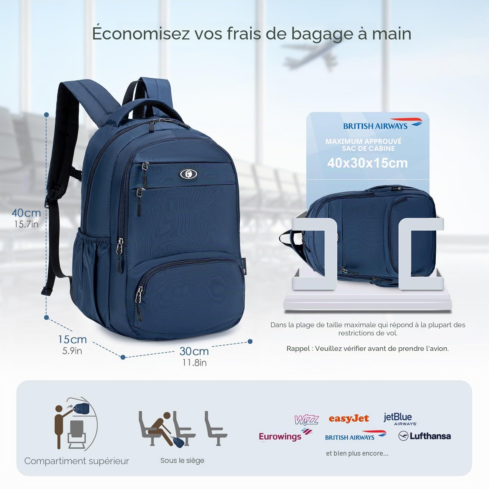 SPAHER Bagage Cabine 40x30x15 Air France British Airways Sac à Dos Voyage Cabine Avion Sac a Dos Loisir Cartable College Backpack Bagage à Main Petit Sac à Dos Ecole Randonnee Femme Homme Noir