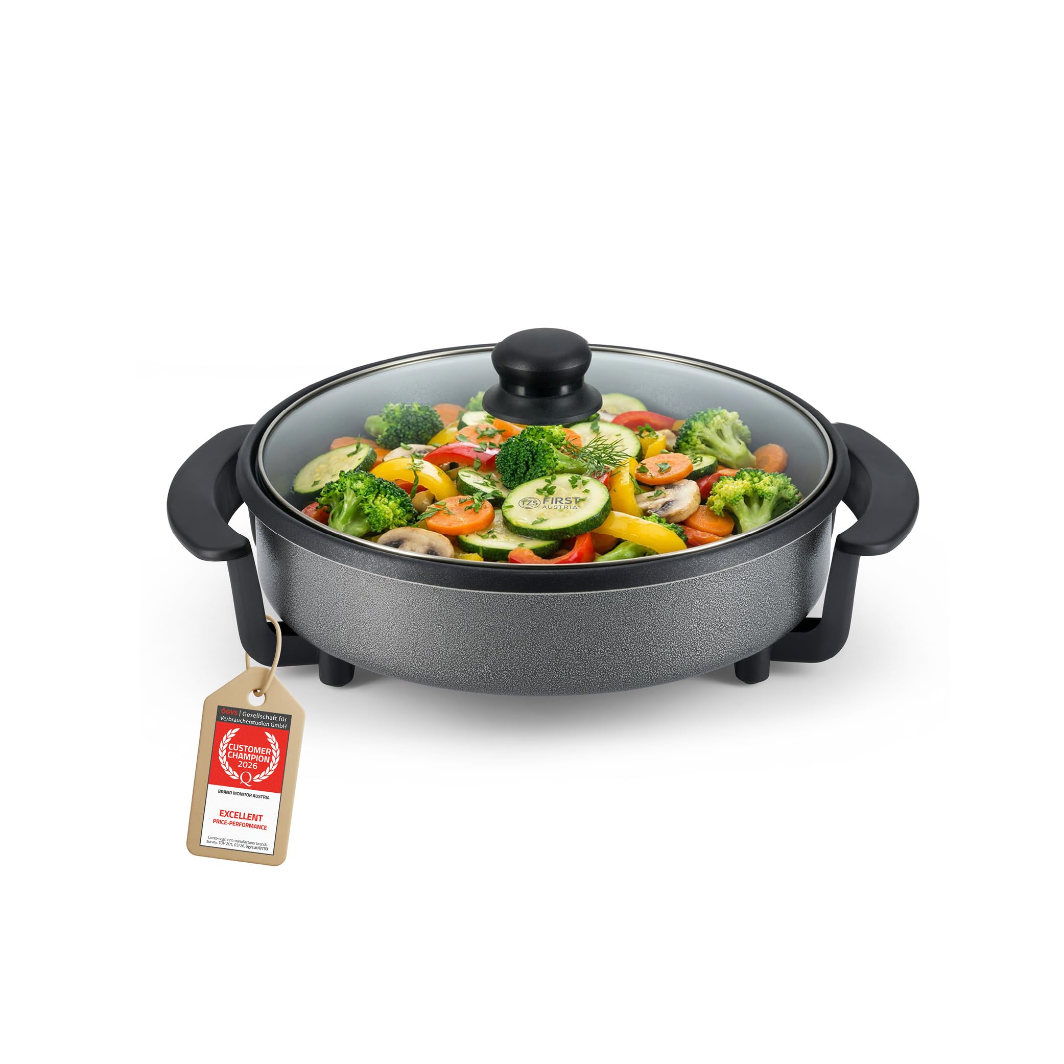 TZS First Austria - Padella Elettrica Multifunzione 1,8L - Ø 30cm - 1500W - Termostato Regolabile (90-240°C) - Rivestimento Antiaderente - Ideale per Feste e Paella - Grigio