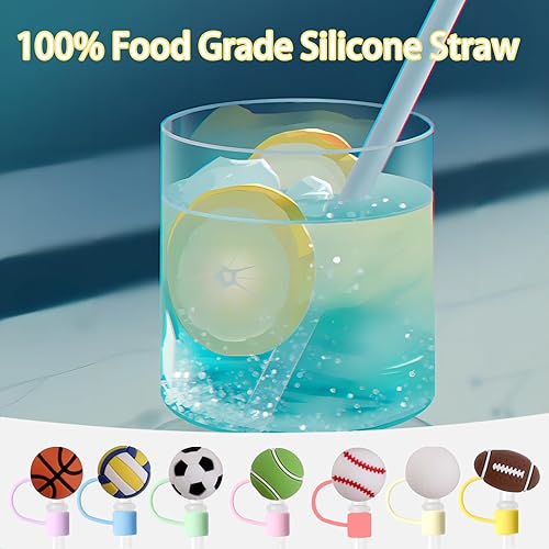 Miniatura 6 de Paquete de 7 adornos con popote con temática deportiva, fundas de silicona para Stanley Cup, 0.315 in (0.32 pulgadas), tapa de popote reutilizable