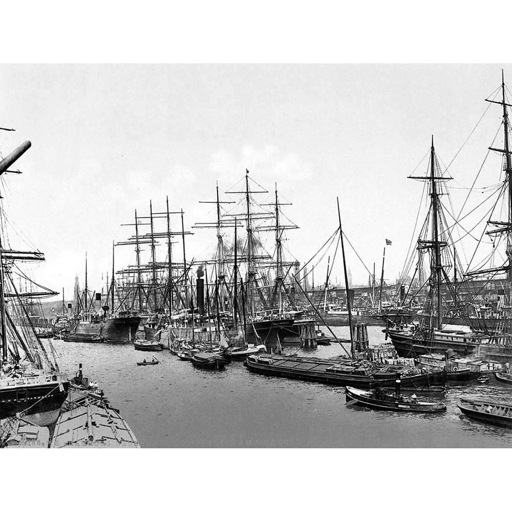 Wee Blue Coo Sailing Ships At Asiakai Hamburg Germany 1895 Old BW Art Print Poster Wall Decor 12X16 Inch