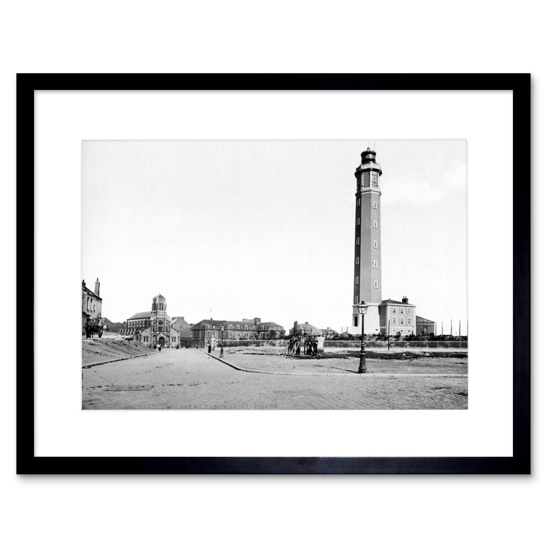 Wee Blue Coo Lighthouse And St Peter's Church Calais France 1895 Old BW Art Framed Wall Art Print
