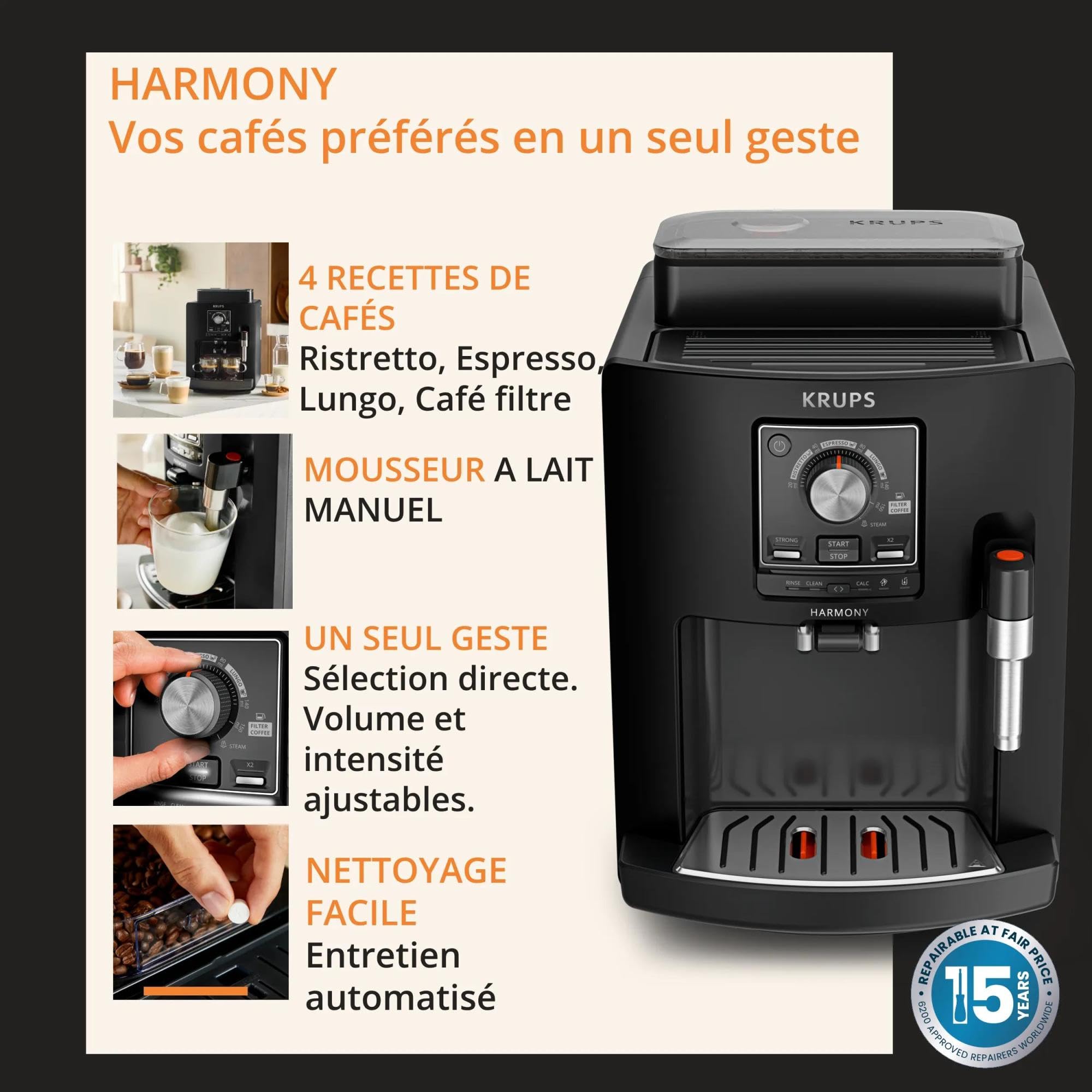 Krups Harmony, Machine espresso entièrement automatique avec buse vapeur, 4 boissons, Mousseur à lait manuel, Noir, EA5088E0