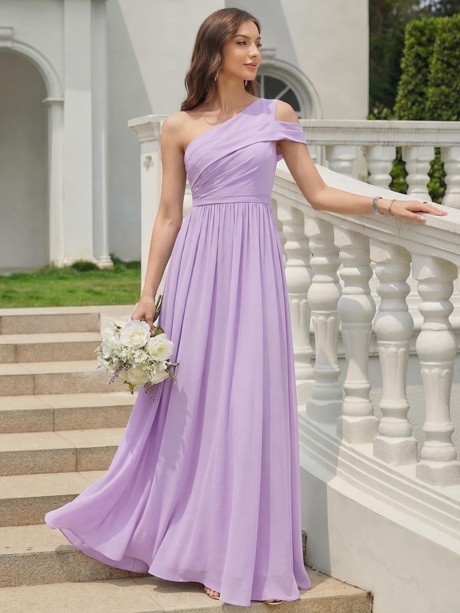 Ever-Pretty Robes de Demoiselle d'honneur Col Asymétrique Manches Courtes Mousseline Maxi Robe évasée ES02705