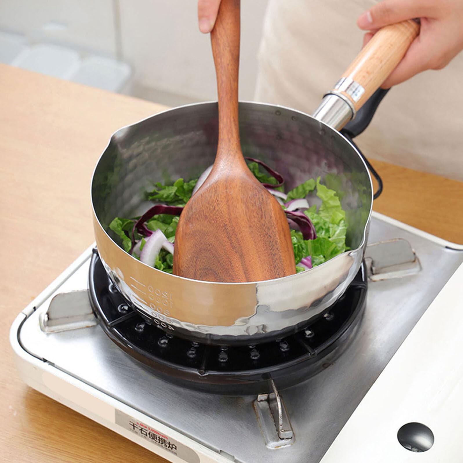 COLLBATH Pentola in Acciaio Inox Manico in Legno, per Latte e Alimenti per Bambini, Multiuso, Anello per Appendere, per Casa e Hotel