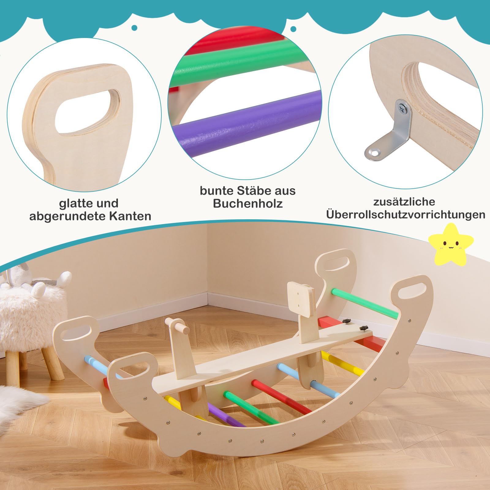 COSTWAY Kletterbogen, mit abnehmbarem Sitz, 4 in 1 Klettergerüst Indoor zum Wippen, Schaukeln, Klettern und Krabbeln, Kletterdreieck Holz, Bogenwippe für Kinder ab 1 Jahre, Sitzhöhe 23,5cm (Bunt)