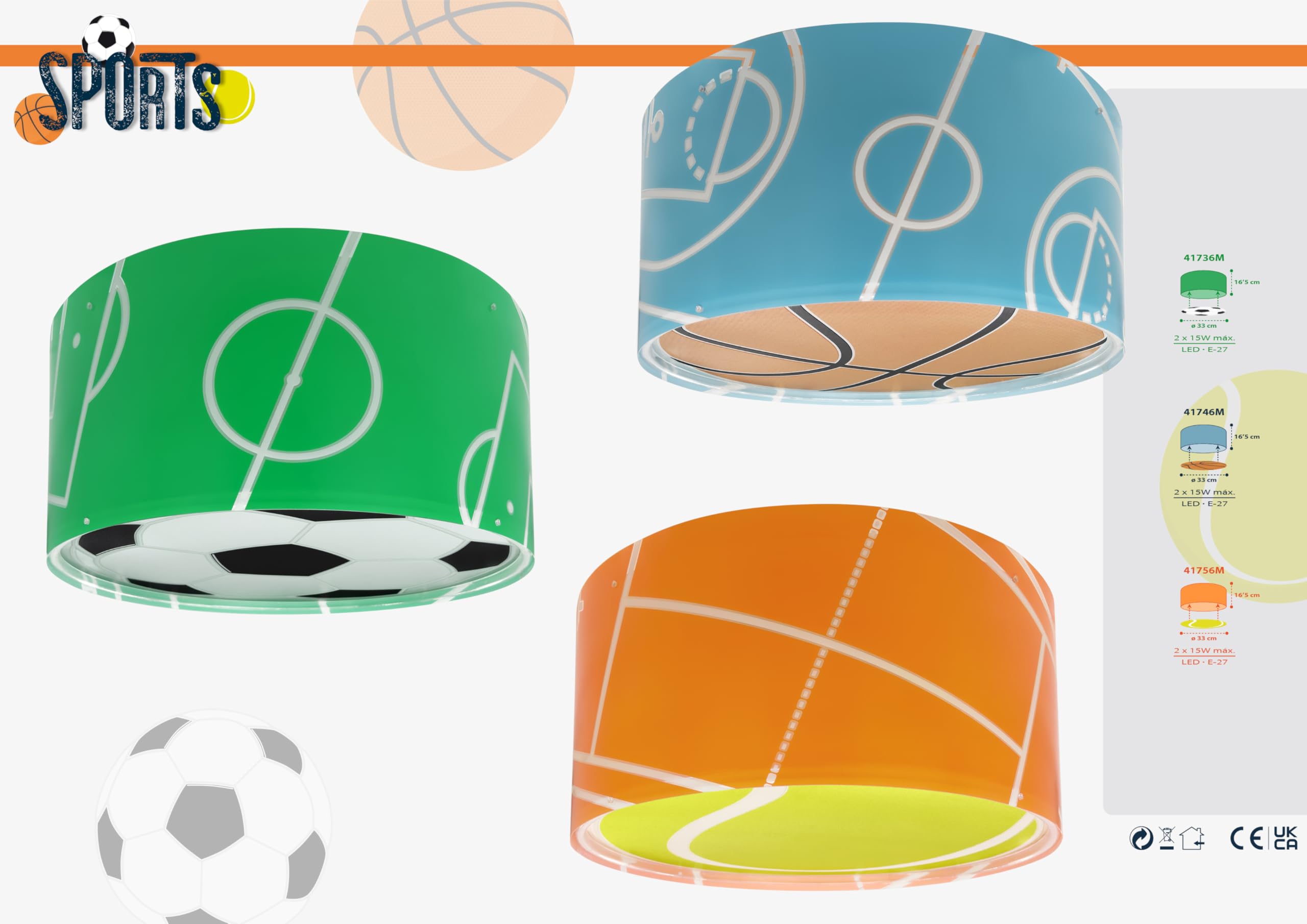 Plafoniera per bambini Dalber Football, Pallone da calcio, Sport, plafoniere per bambini, 41736M, E27-2 x 15W, verde