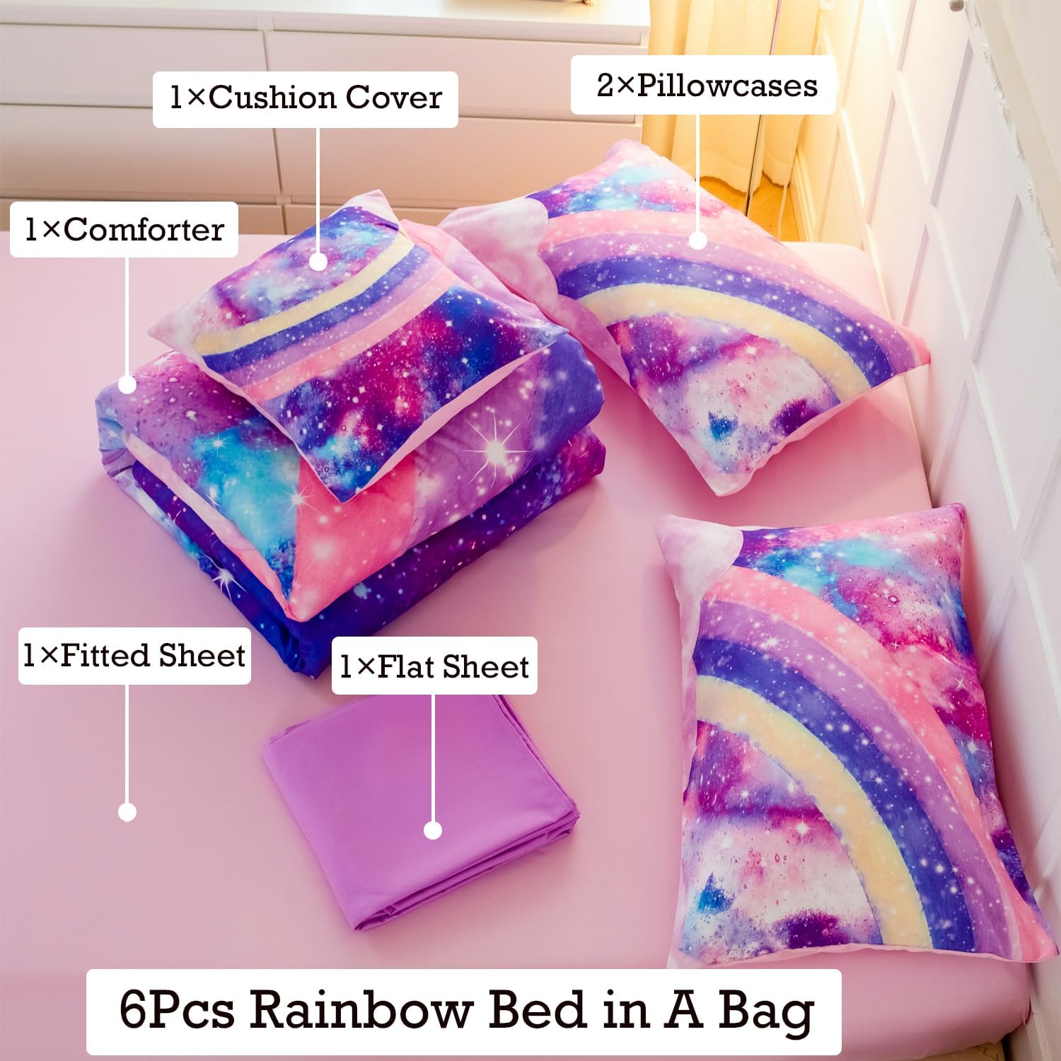 ANGIYUIN 6 Pcs Tie Dye Pink Twin Comforter Set for Girls Rainbow Galaxy Gradient Bed in A Bag Pastle Nebula Kids Bedding Set with Sheets, Comforter and Pillowcases for All Season - Image 4