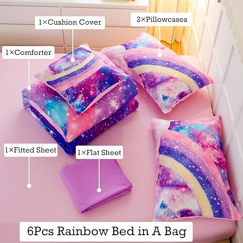 Miniatura 4 de ANGIYUIN Juego de 6 piezas de ropa de cama tamaño matrimonial en una bolsa para niñas, juego de edredón de teñido anudado 3D, colorido arco iris,
