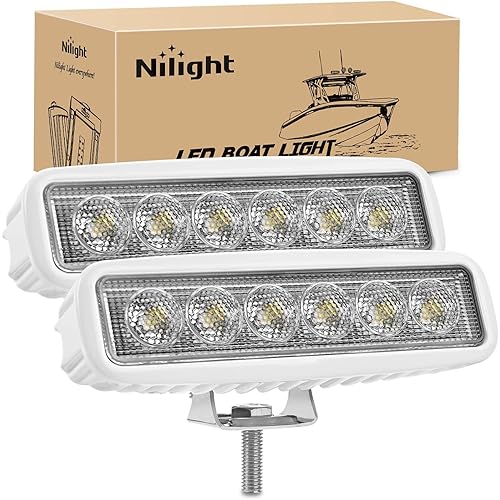 Nilight Marine Led Light Bar 2PCS 18w White 150° Flood Beams Ponton Boat Deck Dock Lights IP67 Waterproof for Night Fishing T-top Stern Yacht Kayak Port Sailboat
