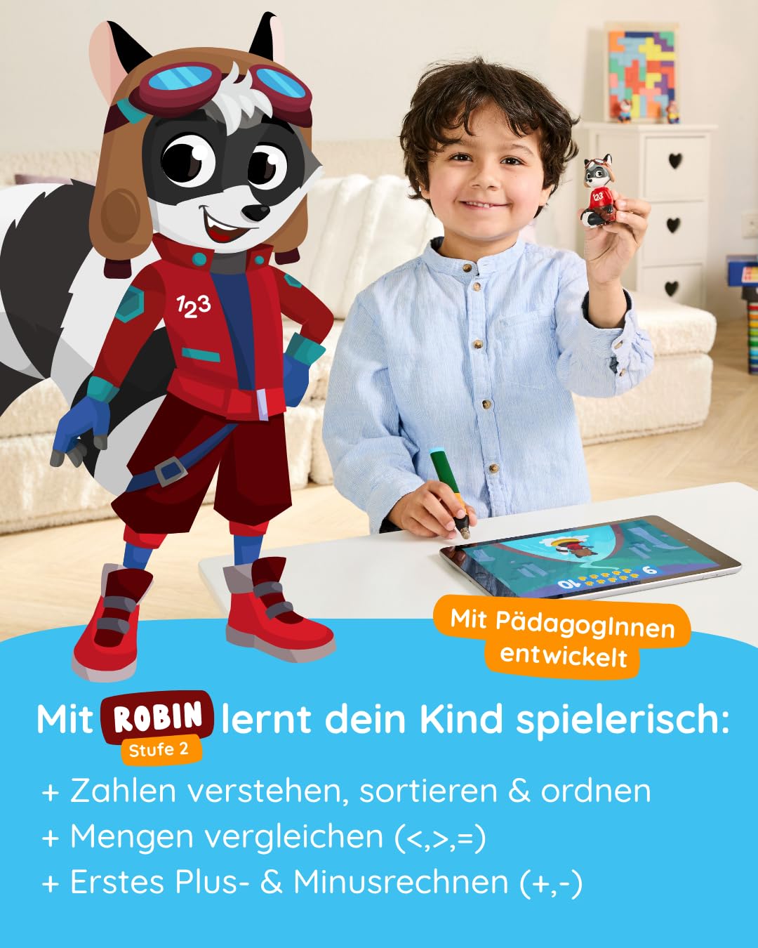 Edurino Starterset Robin Erstes Rechnen bis 10 (Stufe 2) ab 4 J. inkl. Eingabestift | Innovatives und digitales Lernspiel | Zahlenverständnis | Zahlen sortieren & ordnen | Erstes Plus- & Minusrechnen