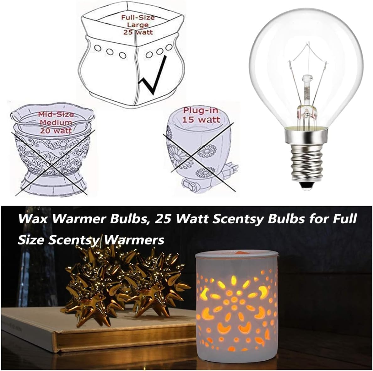 WokHok Wax Warmer Light Bulbs,Original 25 Watt Bulbs for Full Size Scentsy Warmers,6 Packs E12 Base Type G Bulb,Scentsy Light Bulbs,Warm White,Long Life-Span and Melt Wax Fast, 120 Volt
