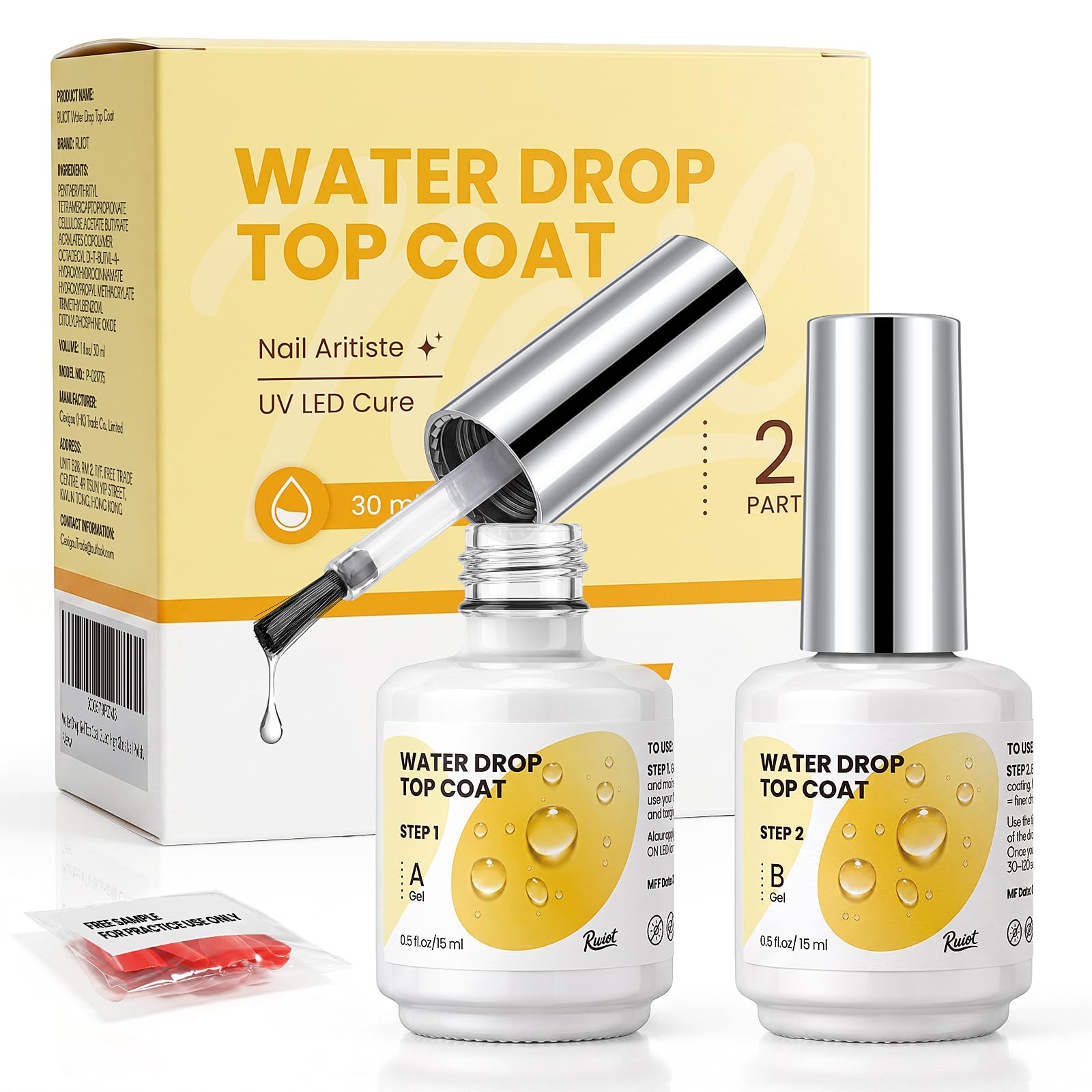 Ruiot 3D Water Drop Gel Top Coat, 2×15ml No Wipe Rain Drop Gel Polish
